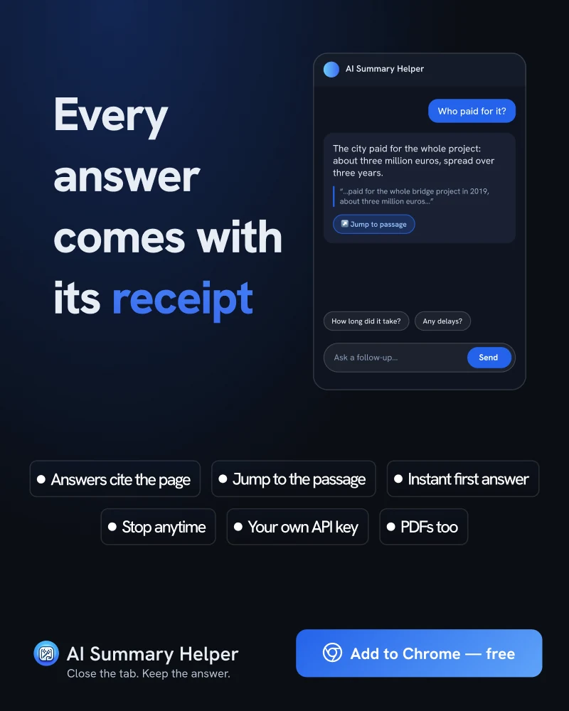 Slide: every answer comes with its receipt, showing a chat answer with a quoted source and a jump-to-passage button