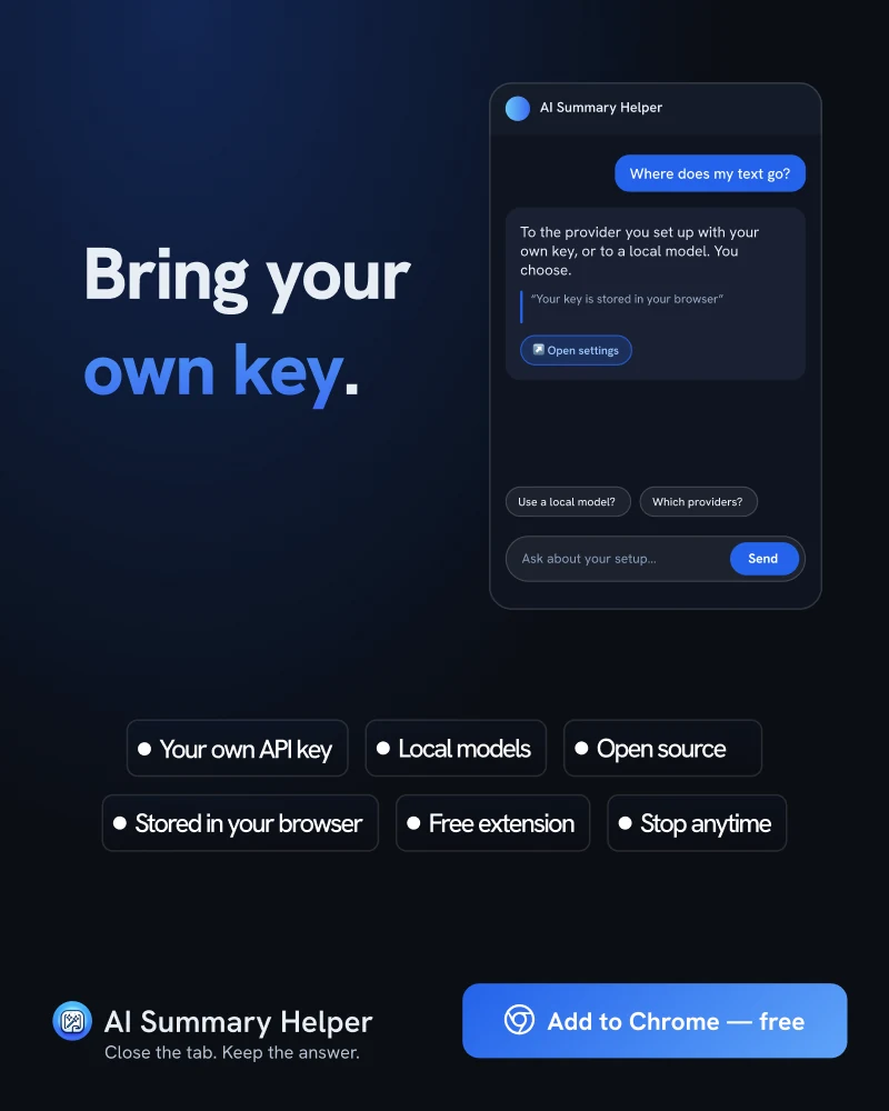 Slide: Bring your own key, with chips for local models, open source and keys stored in your browser