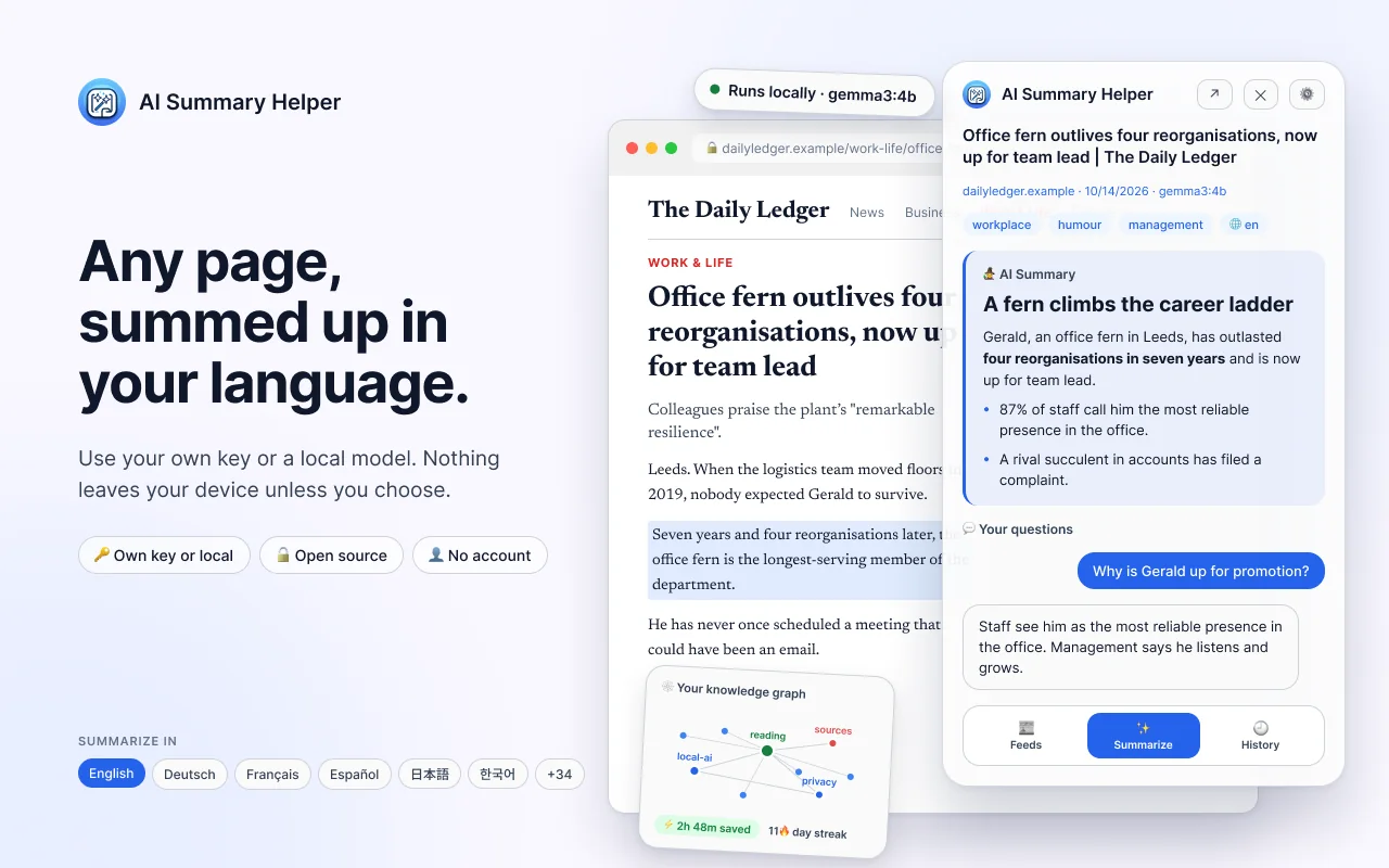AI Summary Helper किसी भी पेज को article के बगल में आपकी भाषा में एक short summary में बदल देता है