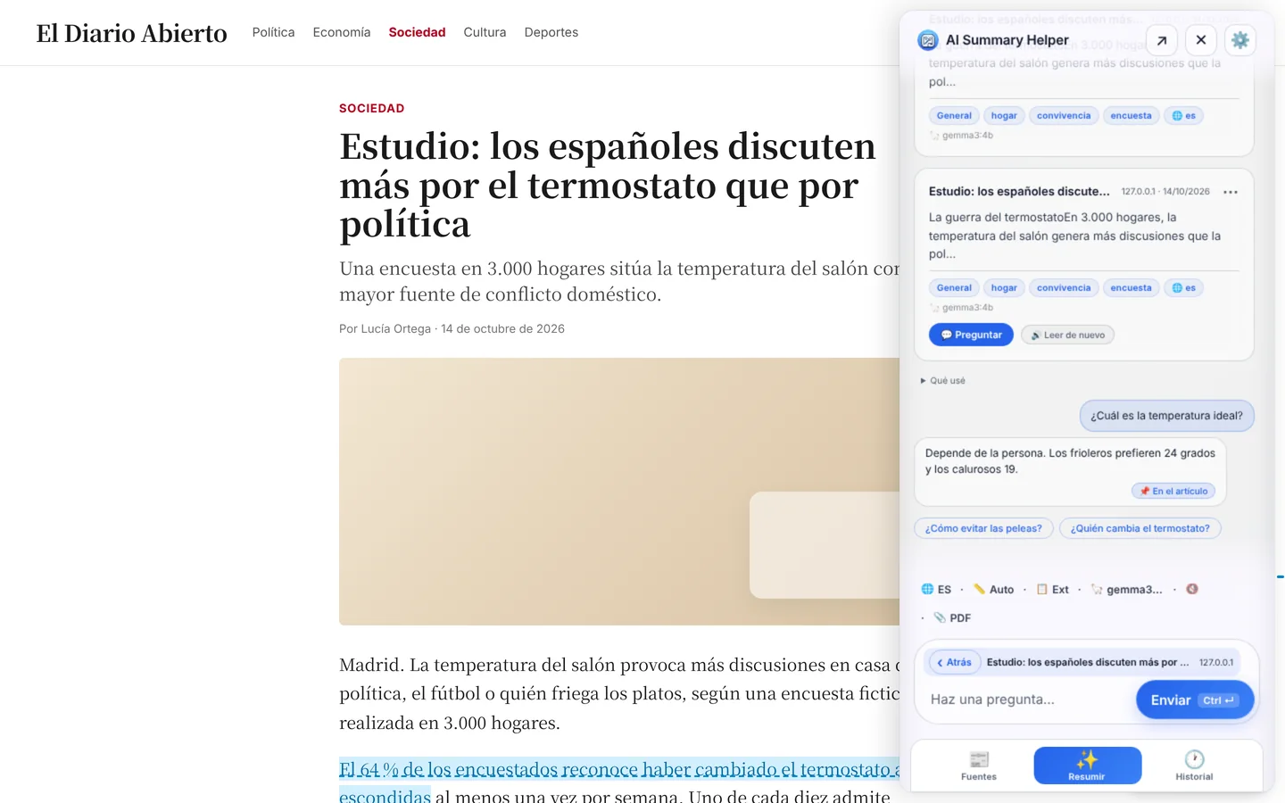 Respuesta de seguimiento con indicador de fuente y frases resaltadas en el artículo