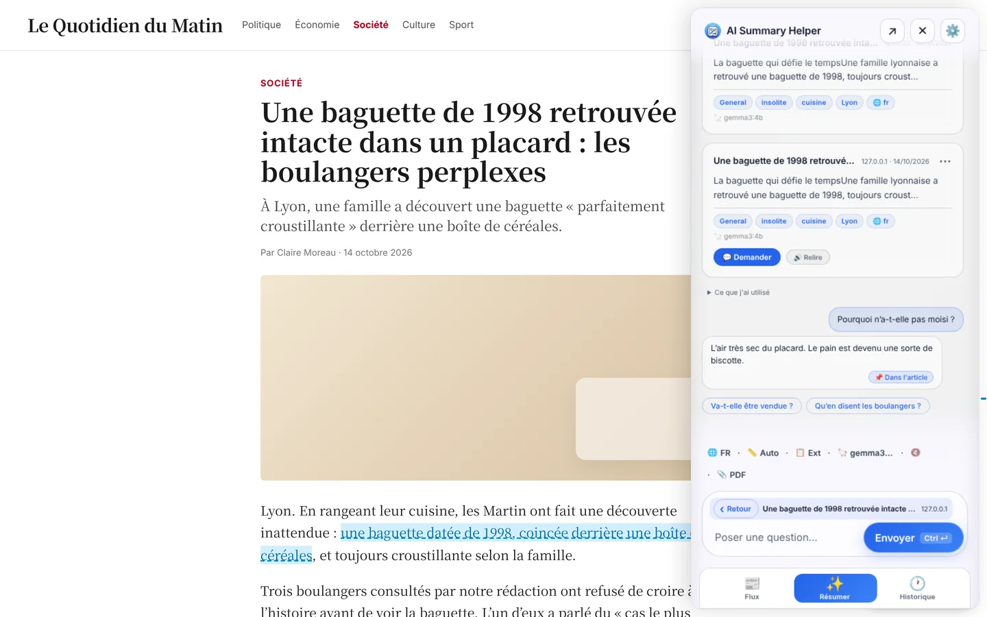 Réponse complémentaire avec repère de source et phrases surlignées dans l'article