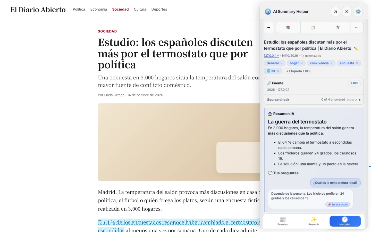 Resumen en el panel lateral junto al artículo