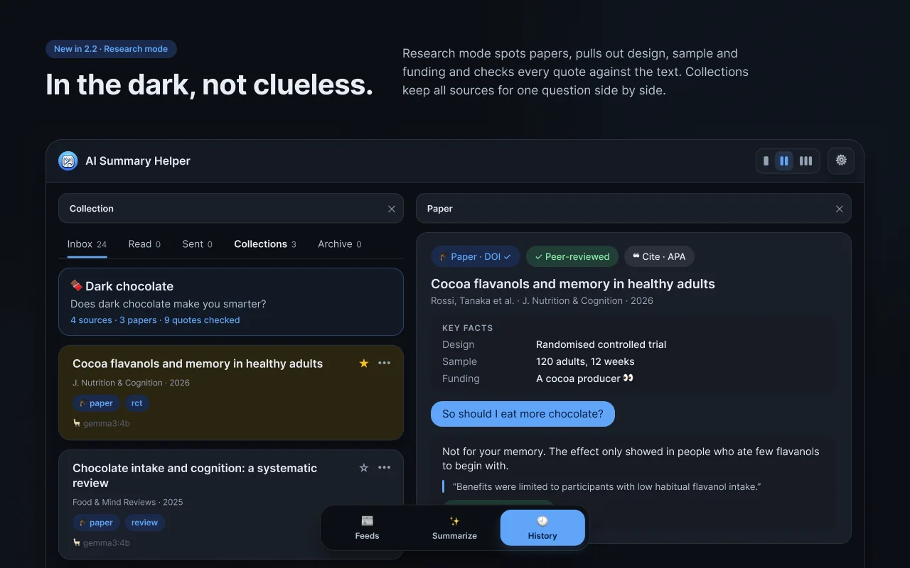 Dark mode में research papers के collection के साथ research mode